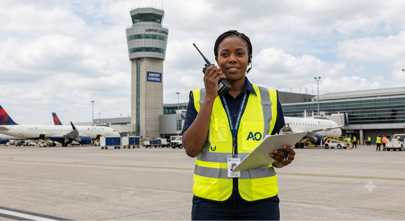 An airport ramp with an operations officer, control tower and airliners.